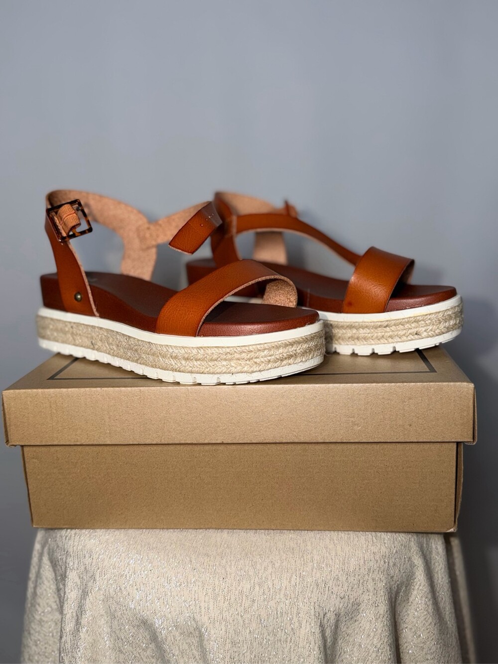 MIA Kiera Women's Cognac Brown Ankle Strap Espadrille Platform Sandals